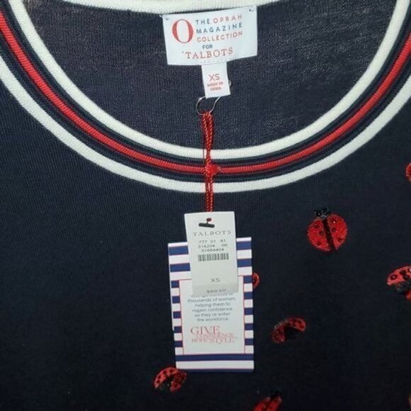 Talbots Oprah's Magazine Collection Sz XS Navy Blue Embroidered Lady Bug Sweater - Picture 4 of 10